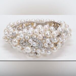 Vintage 14K White Gold Impressive Diamond & Cultured Pearl Bracelet